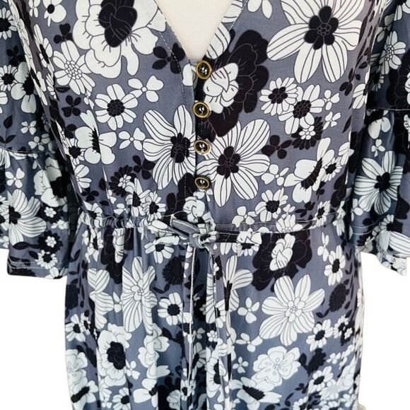 MAHLI the Label black/white/gray floral button front drawstring tie maxi size S - Picture 3 of 11